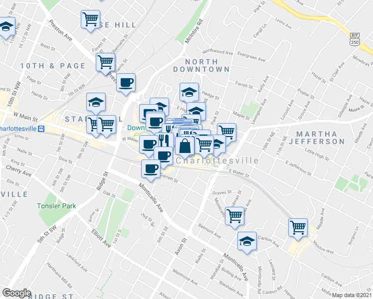 map of restaurants, bars, coffee shops, grocery stores, and more near 4th St NE & E Main St in Charlottesville