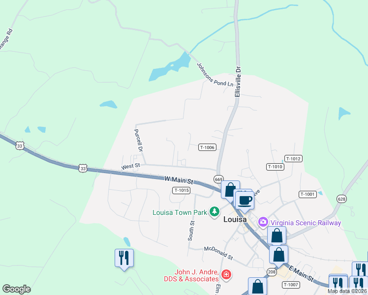 map of restaurants, bars, coffee shops, grocery stores, and more near Martin Luther King Lane in Louisa