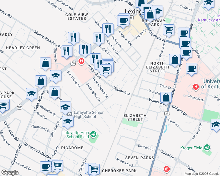 map of restaurants, bars, coffee shops, grocery stores, and more near 1545 Jacana Drive in Lexington