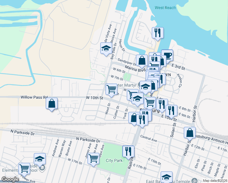 map of restaurants, bars, coffee shops, grocery stores, and more near 995 West Street in Pittsburg