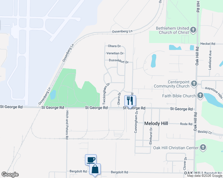 map of restaurants, bars, coffee shops, grocery stores, and more near 2221 Swinging Way in Evansville