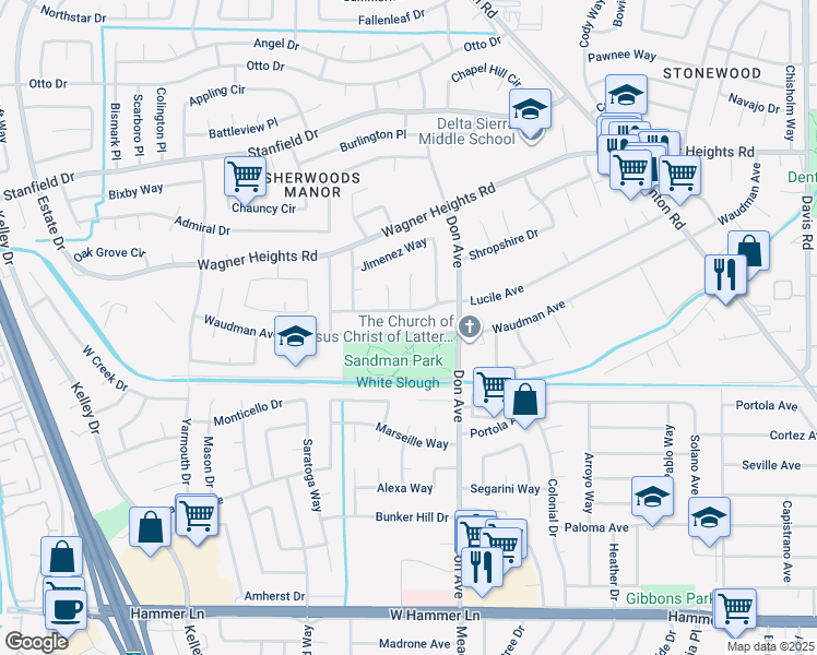 map of restaurants, bars, coffee shops, grocery stores, and more near 2559 Waudman Avenue in Stockton