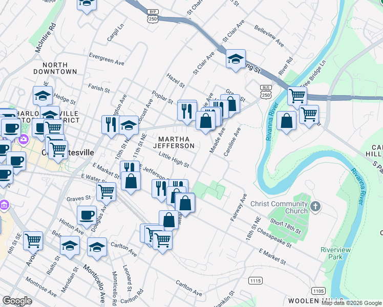 map of restaurants, bars, coffee shops, grocery stores, and more near 402 13th Street Northeast in Charlottesville