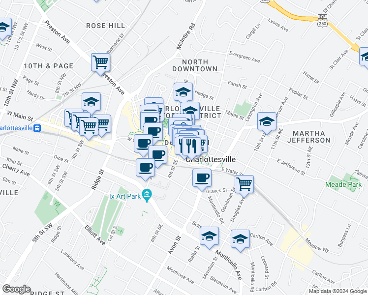 map of restaurants, bars, coffee shops, grocery stores, and more near 106 5th Street Southeast in Charlottesville