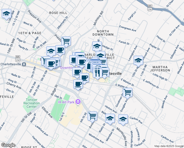 map of restaurants, bars, coffee shops, grocery stores, and more near 309 East Water Street in Charlottesville