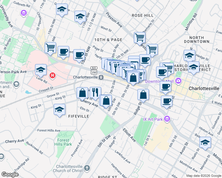 map of restaurants, bars, coffee shops, grocery stores, and more near 614 Dice Street in Charlottesville