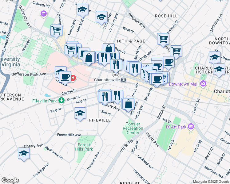map of restaurants, bars, coffee shops, grocery stores, and more near 742 Nalle Street in Charlottesville