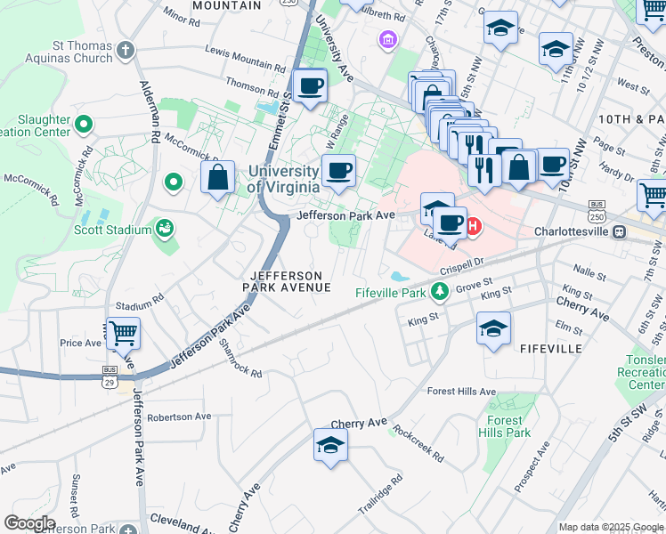 map of restaurants, bars, coffee shops, grocery stores, and more near 1712 Valley Road in Charlottesville