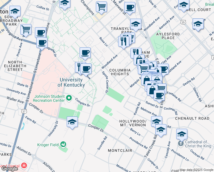 map of restaurants, bars, coffee shops, grocery stores, and more near 659 Sports Center Drive in Lexington