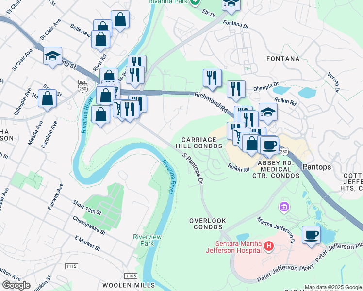 map of restaurants, bars, coffee shops, grocery stores, and more near 1035 Weybridge Court in Charlottesville