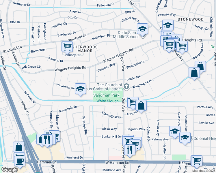 map of restaurants, bars, coffee shops, grocery stores, and more near 2619 Waudman Avenue in Stockton