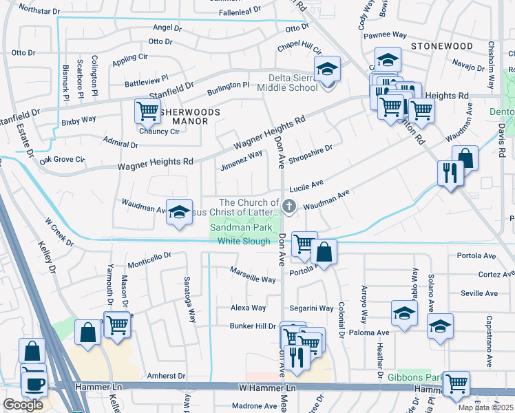 map of restaurants, bars, coffee shops, grocery stores, and more near 2559 Waudman Avenue in Stockton