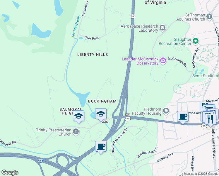 map of restaurants, bars, coffee shops, grocery stores, and more near 123 Buckingham Circle in Charlottesville