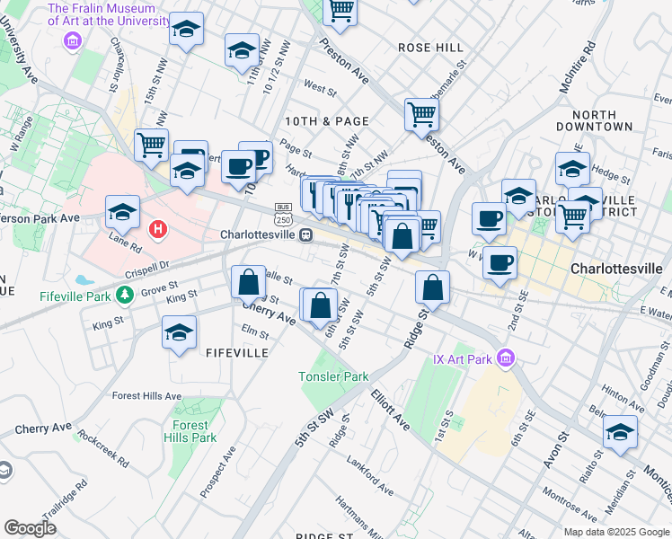 map of restaurants, bars, coffee shops, grocery stores, and more near 614 Dice Street in Charlottesville