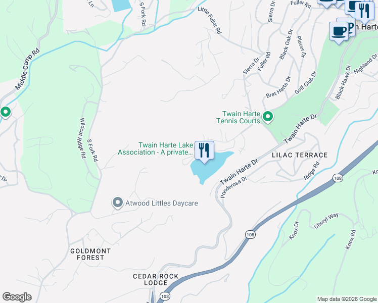 map of restaurants, bars, coffee shops, grocery stores, and more near 18136 Lakeview Drive in Twain Harte