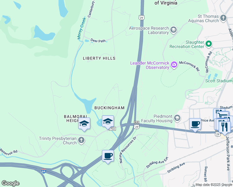 map of restaurants, bars, coffee shops, grocery stores, and more near 123 Buckingham Circle in Charlottesville