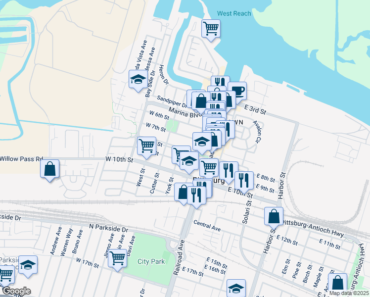 map of restaurants, bars, coffee shops, grocery stores, and more near 50 West 8th Street in Pittsburg