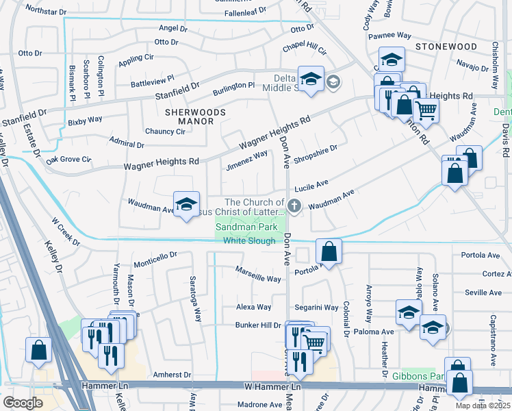 map of restaurants, bars, coffee shops, grocery stores, and more near 2559 Waudman Avenue in Stockton