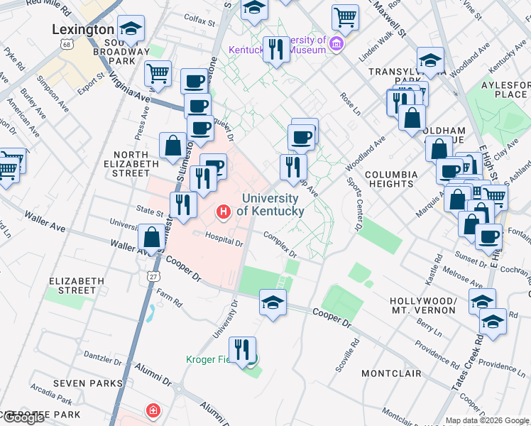 map of restaurants, bars, coffee shops, grocery stores, and more near 1160 University Drive in Lexington