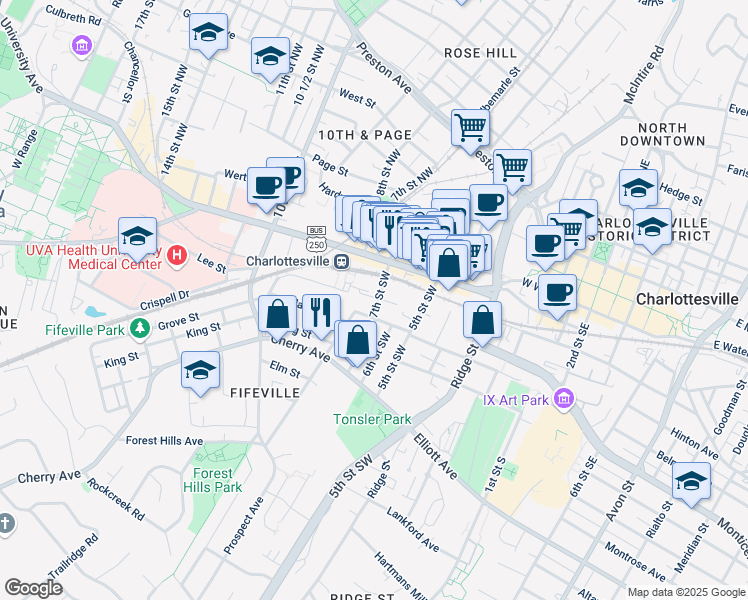 map of restaurants, bars, coffee shops, grocery stores, and more near 614 Dice Street in Charlottesville