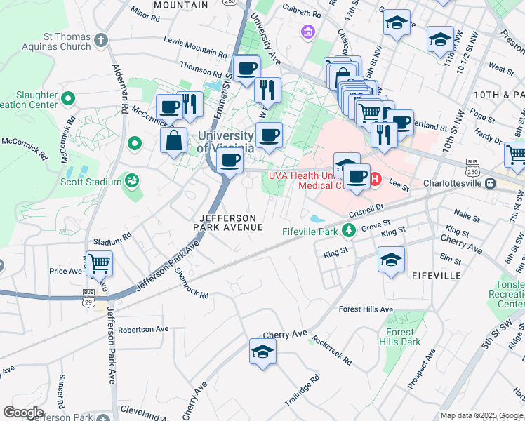 map of restaurants, bars, coffee shops, grocery stores, and more near 1712 Valley Road in Charlottesville