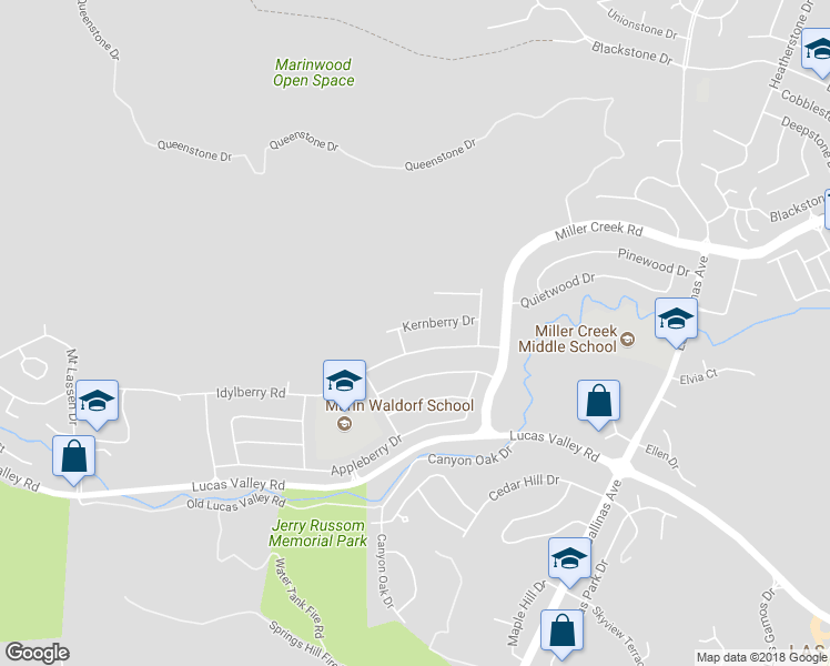 map of restaurants, bars, coffee shops, grocery stores, and more near 625 Kernberry Drive in San Rafael