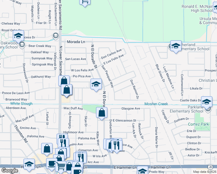 map of restaurants, bars, coffee shops, grocery stores, and more near 20 Ponce De Leon Avenue in Stockton