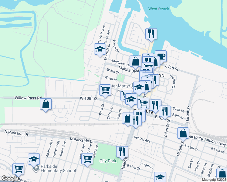 map of restaurants, bars, coffee shops, grocery stores, and more near 195 West 9th Street in Pittsburg