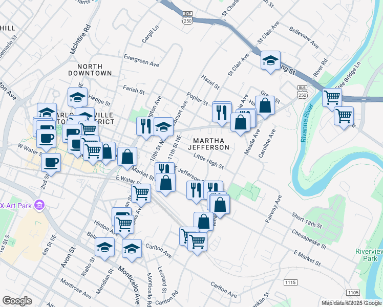 map of restaurants, bars, coffee shops, grocery stores, and more near 305 Farm Lane in Charlottesville