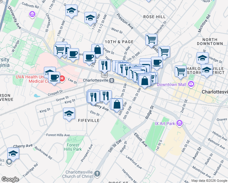 map of restaurants, bars, coffee shops, grocery stores, and more near 708 Nalle Street in Charlottesville