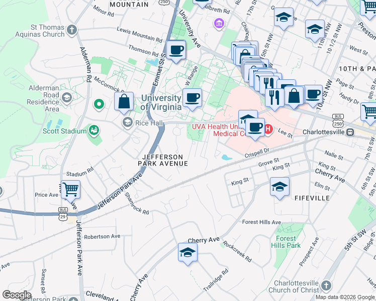map of restaurants, bars, coffee shops, grocery stores, and more near 1712 Valley Road in Charlottesville