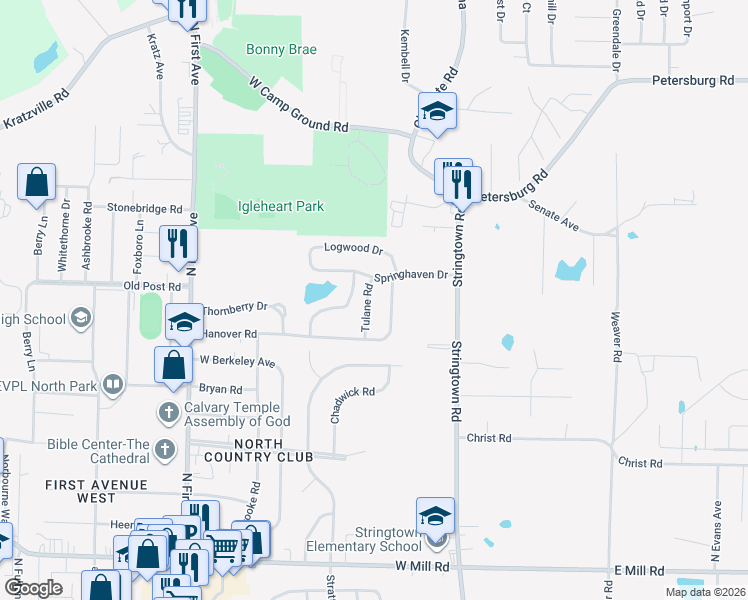map of restaurants, bars, coffee shops, grocery stores, and more near 5600 Winston Road in Evansville