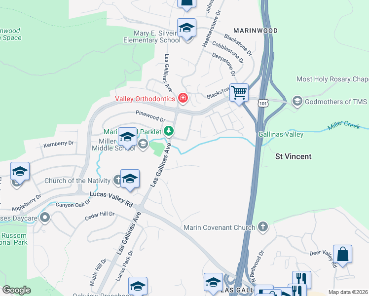map of restaurants, bars, coffee shops, grocery stores, and more near 258 Etta Court in San Rafael