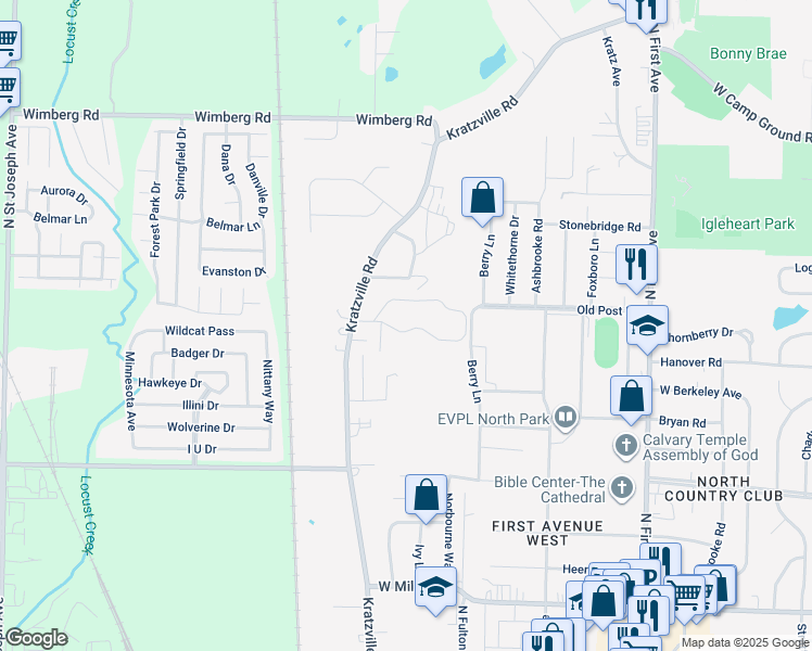 map of restaurants, bars, coffee shops, grocery stores, and more near 1411 Timberlake Rd in Evansville