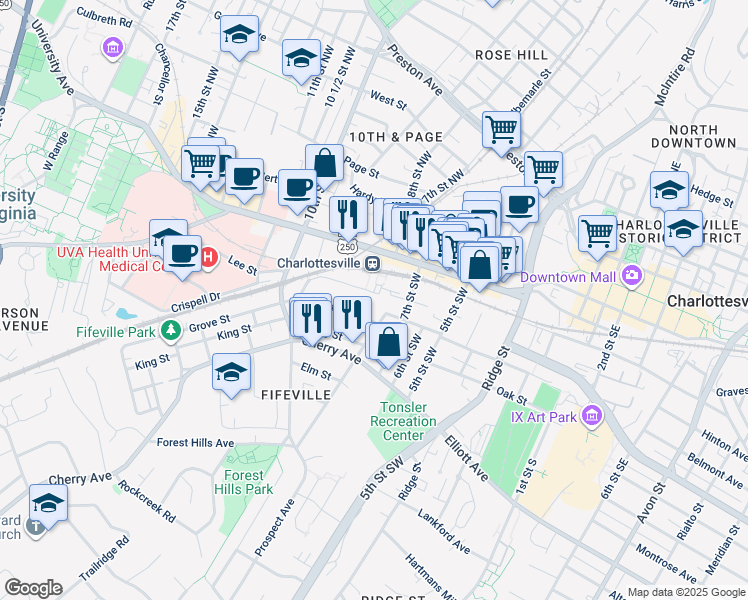 map of restaurants, bars, coffee shops, grocery stores, and more near 740 Walker Square in Charlottesville