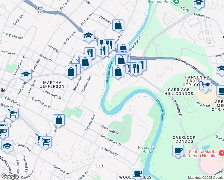 map of restaurants, bars, coffee shops, grocery stores, and more near 270 Riverbend Drive in Charlottesville