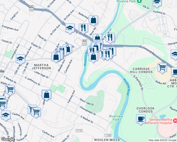 map of restaurants, bars, coffee shops, grocery stores, and more near 260 Riverbend Drive in Charlottesville
