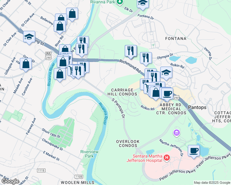 map of restaurants, bars, coffee shops, grocery stores, and more near 1065 Weybridge Court in Charlottesville