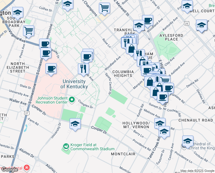 map of restaurants, bars, coffee shops, grocery stores, and more near 685 Sports Center Drive in Lexington