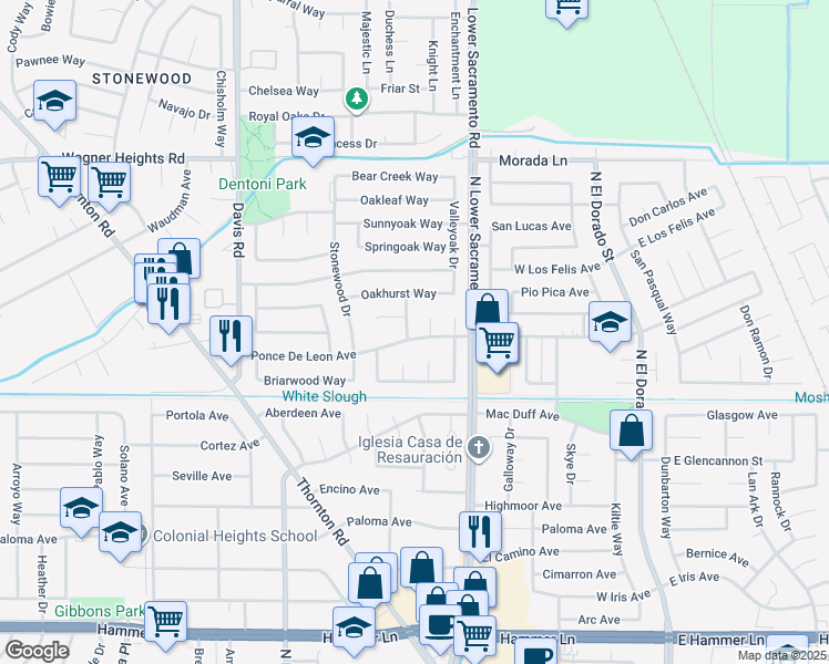 map of restaurants, bars, coffee shops, grocery stores, and more near 8706 Glenbriar Drive in Stockton