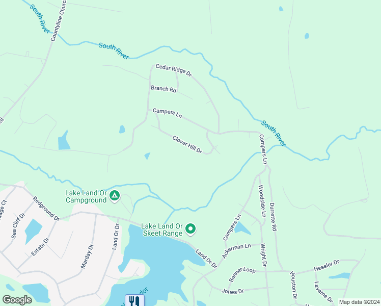map of restaurants, bars, coffee shops, grocery stores, and more near 615 Clover Hill Drive in Ruther Glen