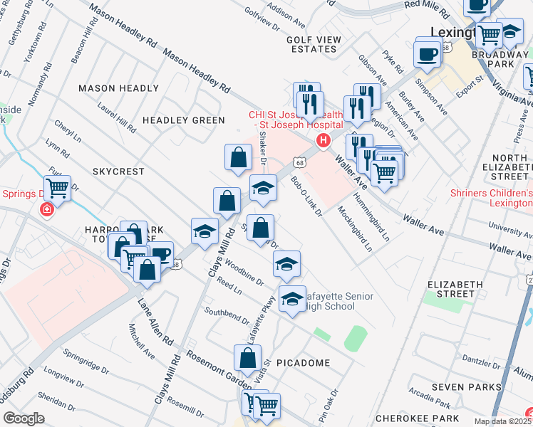 map of restaurants, bars, coffee shops, grocery stores, and more near 1642 Harrodsburg Road in Lexington