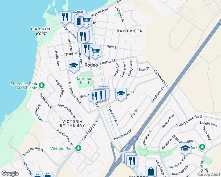 map of restaurants, bars, coffee shops, grocery stores, and more near 535 Napa Avenue in Rodeo