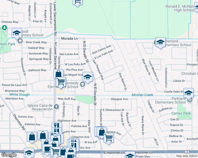 map of restaurants, bars, coffee shops, grocery stores, and more near 20 East Ponce De Leon Avenue in Stockton