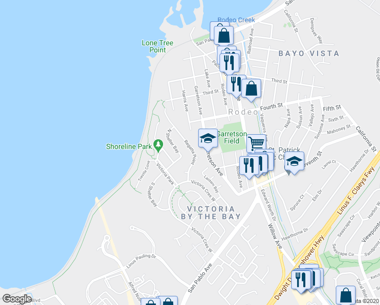 map of restaurants, bars, coffee shops, grocery stores, and more near 1045 Regatta Point in Hercules