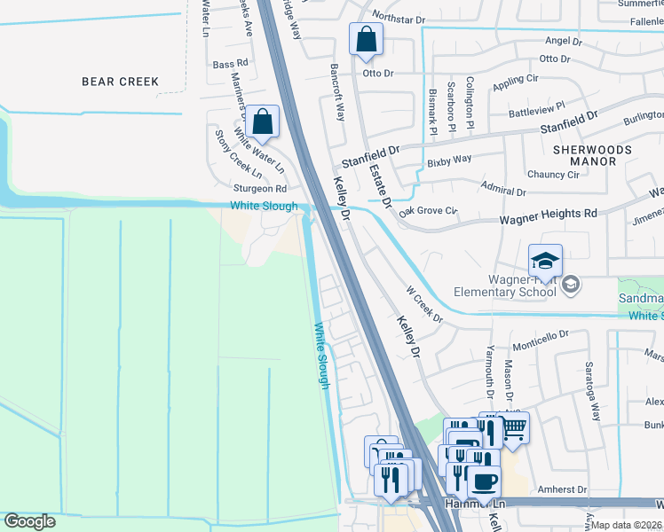 map of restaurants, bars, coffee shops, grocery stores, and more near 9003 Kelley Drive in Stockton