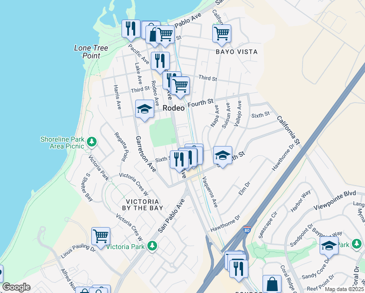 map of restaurants, bars, coffee shops, grocery stores, and more near 509 Parker Avenue in Rodeo