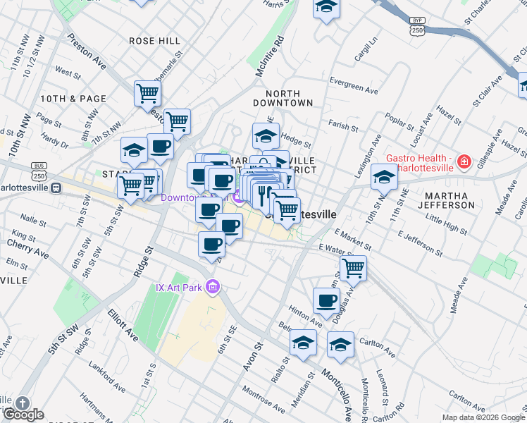 map of restaurants, bars, coffee shops, grocery stores, and more near 401 East Market Street in Charlottesville