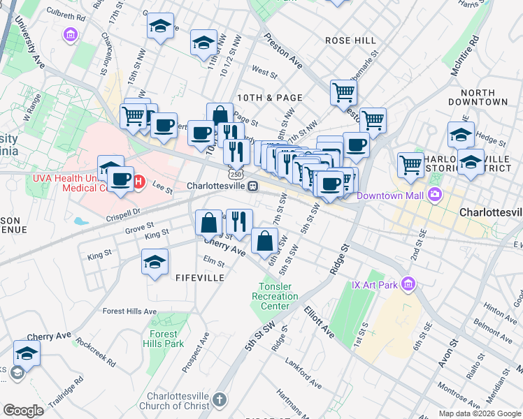 map of restaurants, bars, coffee shops, grocery stores, and more near 765 Walker Square in Charlottesville