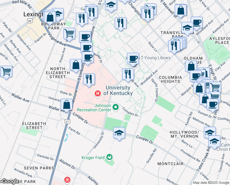 map of restaurants, bars, coffee shops, grocery stores, and more near in Lexington